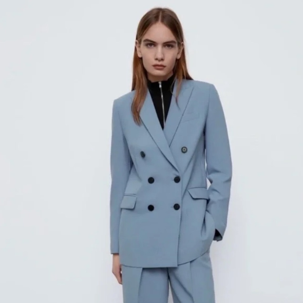 Zara Women's Light Blue Double Breasted Blazer Size XS